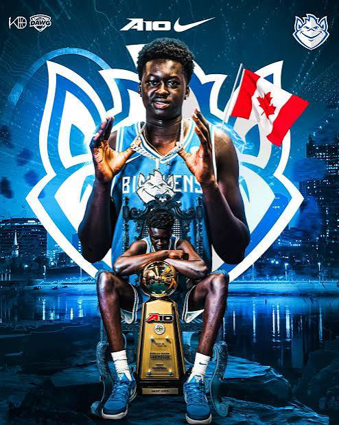 Signing graphic of Falcons basketball player Totu in a Saint Louis Billikens uniform with an A-10 trophy and a Canadian flag