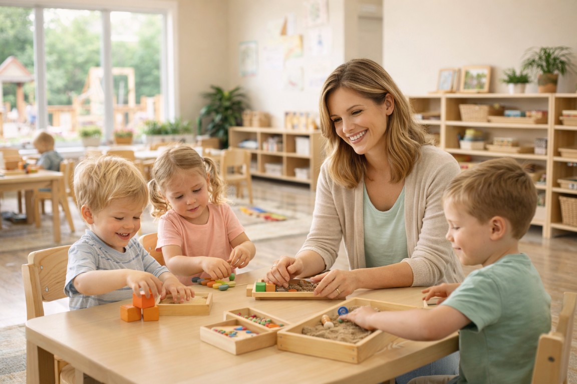 Teacher playing with three young children at a table in a bright kindergarten classroom at Rivergate Academy