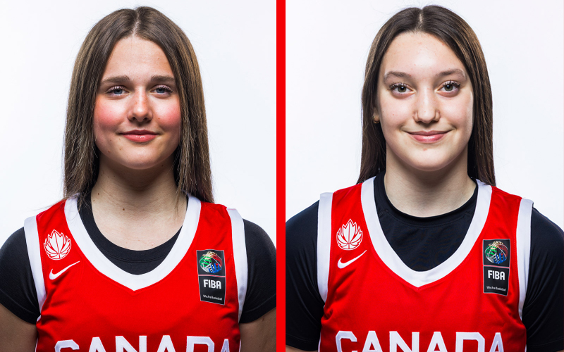 Headshots of two FEIA Lady Falcons players in red Canada Basketball jerseys