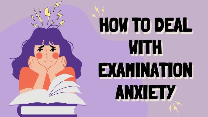 Illustration of a stressed student at a book, with the text 'How to deal with examination anxiety'