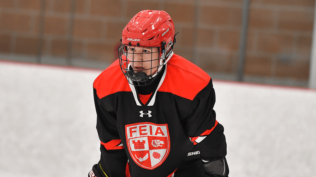FEIA hockey player in a helmet and black and red jersey on the ice