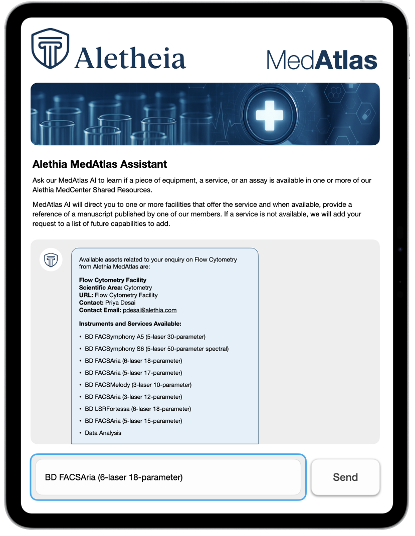 Tablet screen displaying Aletheia MedAtlas Assistant interface with details on flow cytometry facilities, instruments, and services.
