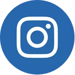 White Instagram camera icon on a blue circular background.