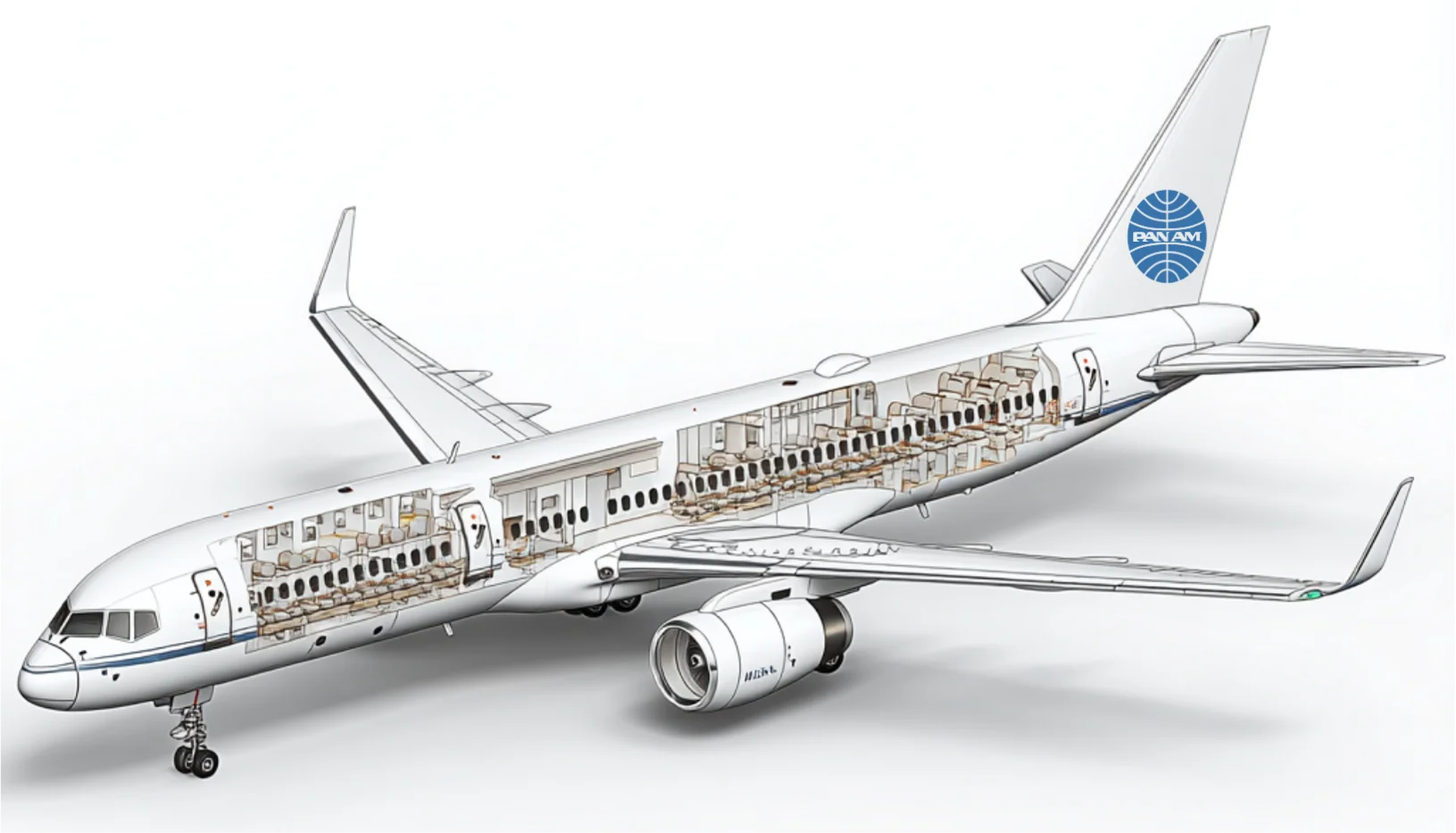 Cutaway side view of Pan Am Boeing 757 with luxury lay-flat seating