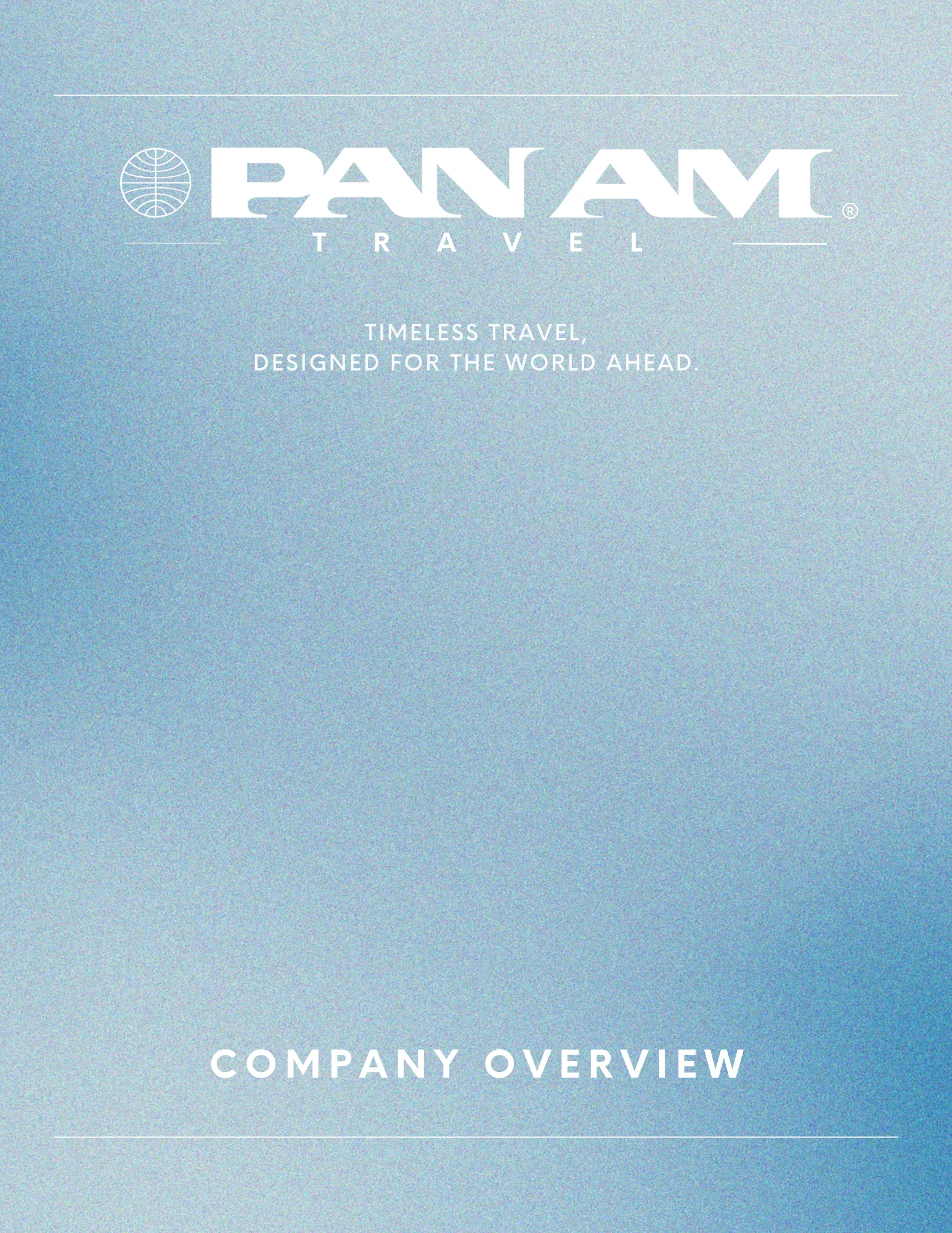Pan Am Travel logo with the tagline 'Timeless travel, designed for the world ahead' and the heading 'Company Overview' on a blue gradient background.