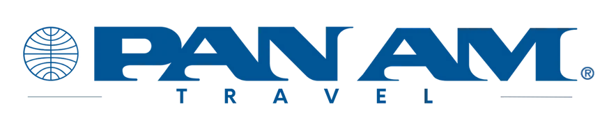 Pan Am logo with blue globe and stylized letters.