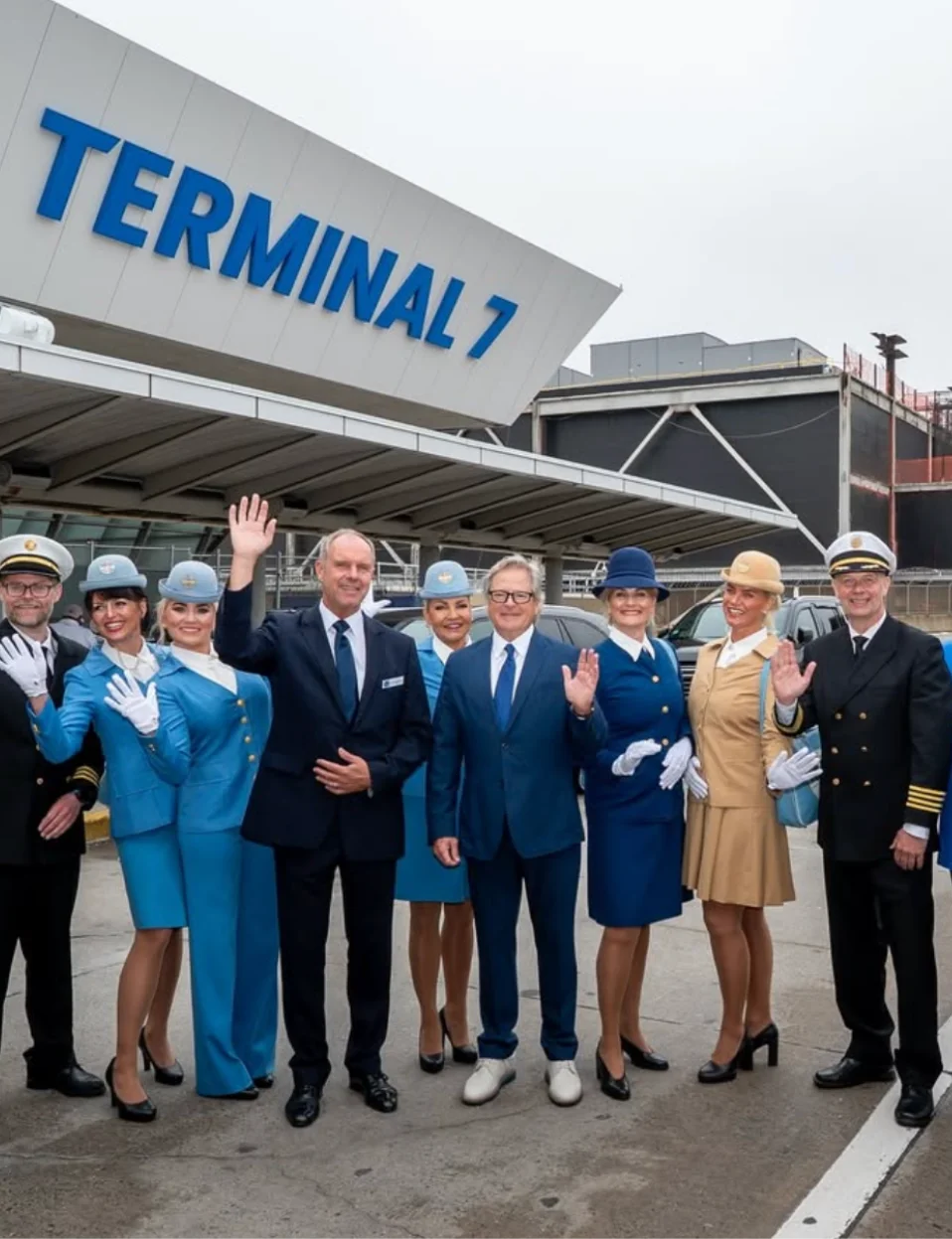 Group of airline staff and pilots in uniforms smiling and waving under a Terminal 7 sign at an airport.