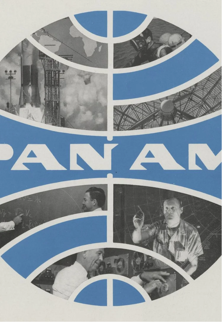 Pan Am logo with black-and-white images of a rocket launch, divers, a radar dish, two men at a chalkboard, and a man working with electronic equipment.
