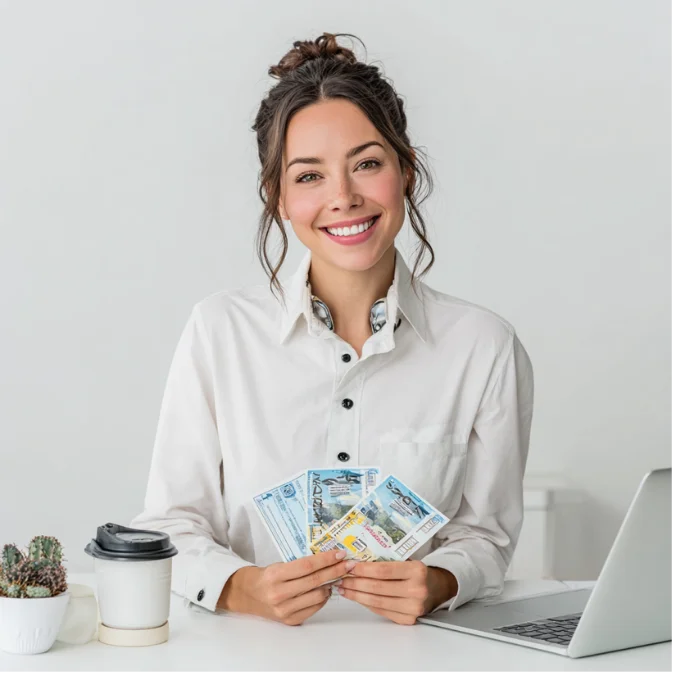 Smiling woman sitting at a desk holding several lottery tickets with a laptop and coffee cup nearby.