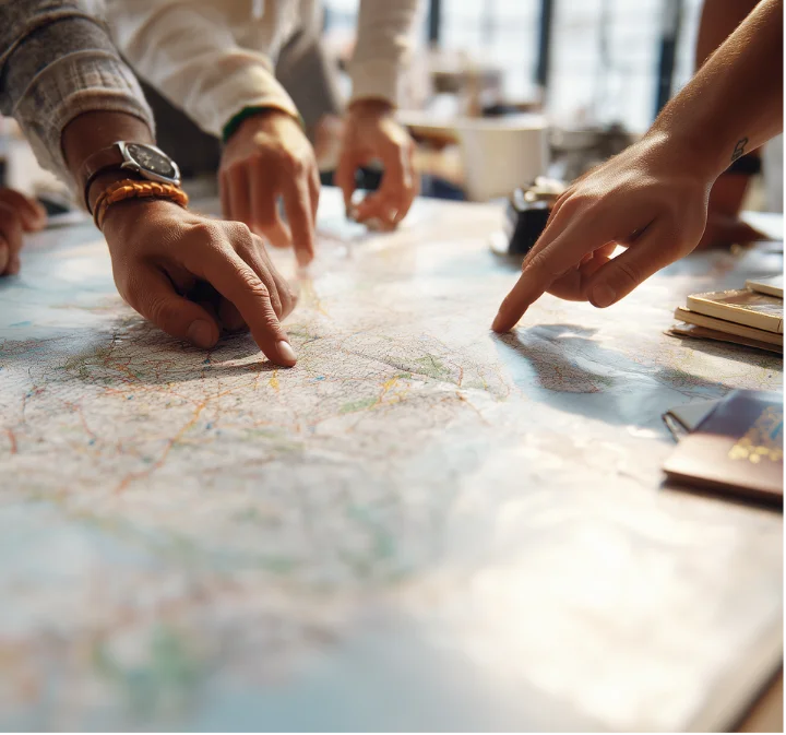 Several hands pointing and tracing routes on a large map spread out on a table.