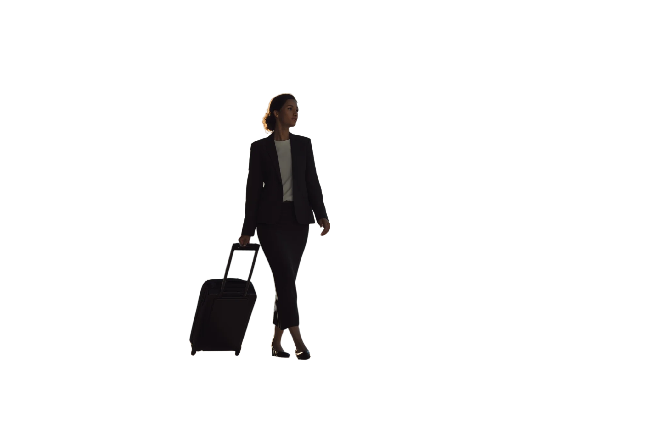 Businesswoman in a dark suit walking and pulling a rolling suitcase while looking to the side.