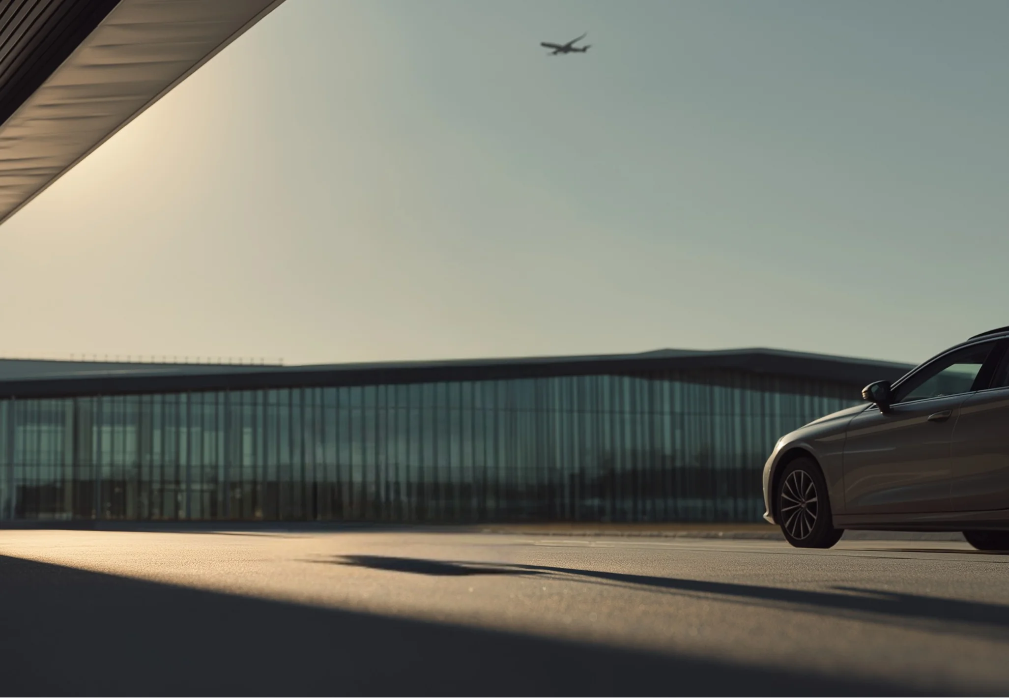 Silver car parked on tarmac near a modern glass building with an airplane flying in a clear sky above.
