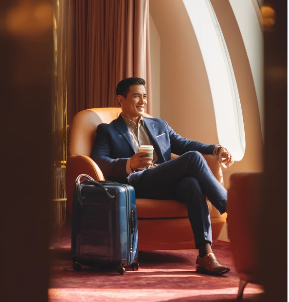 Smiling man in a blue suit sitting in an orange chair by a large window holding a cup, with a blue suitcase beside him.