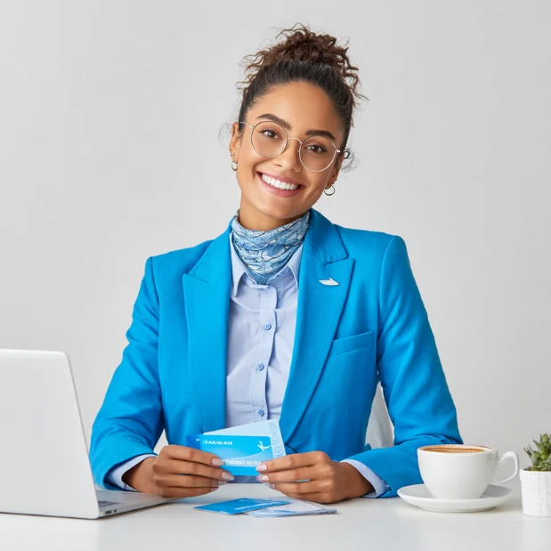 Smiling woman in blue uniform and glasses holding airline boarding passes at a desk with laptop and coffee cup.