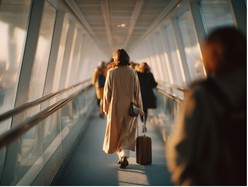 Person in a long beige coat walking through a bright airport walkway pulling a suitcase.