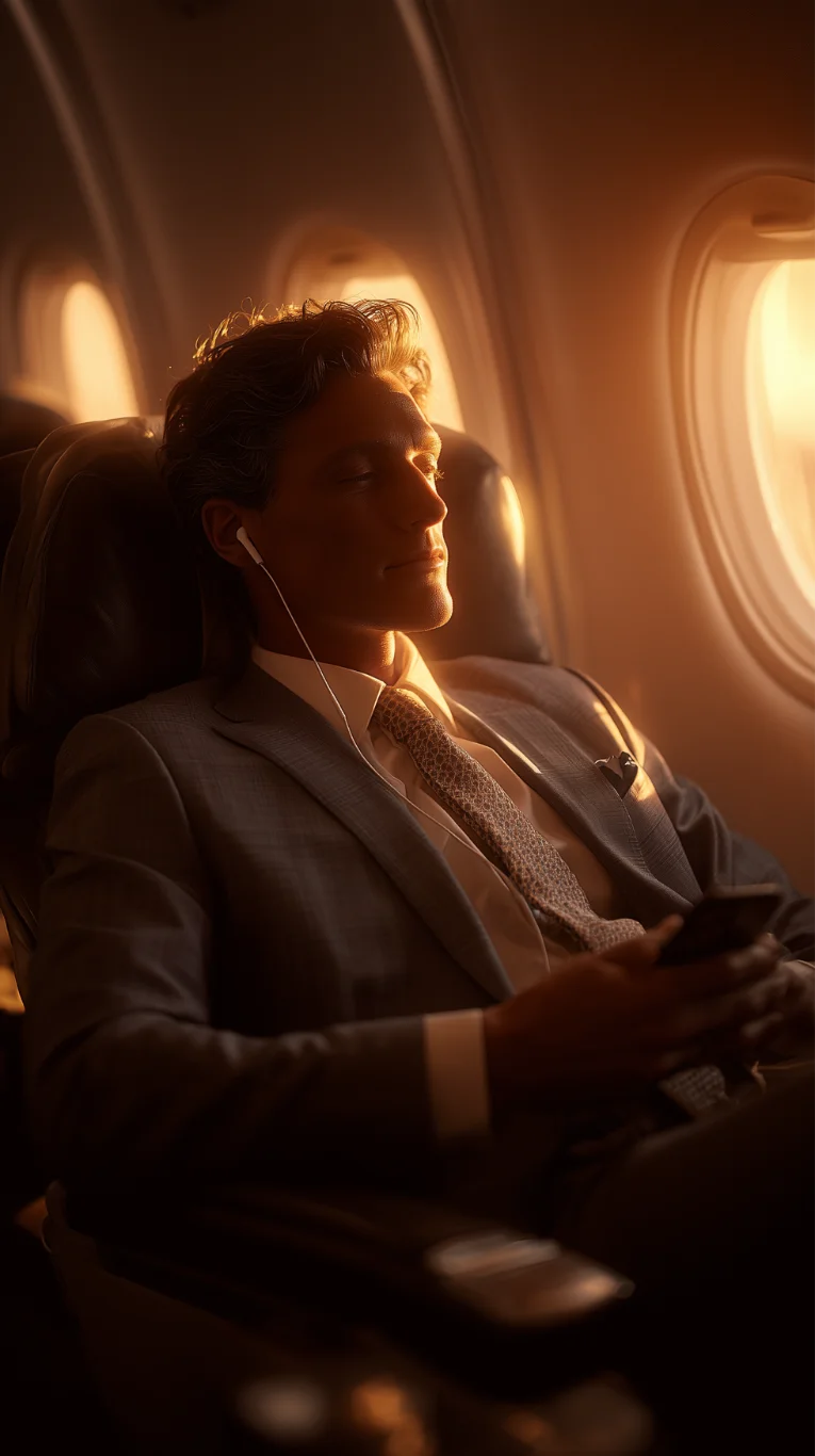Man in a suit with earphones relaxing in an airplane seat, illuminated by warm sunset light through the window.