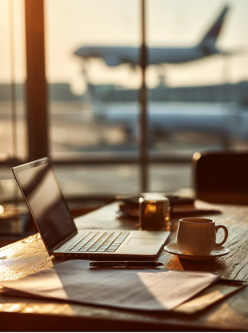 Laptop, pen, papers, and a coffee cup on a wooden table by an airport window with a blurred airplane outside.