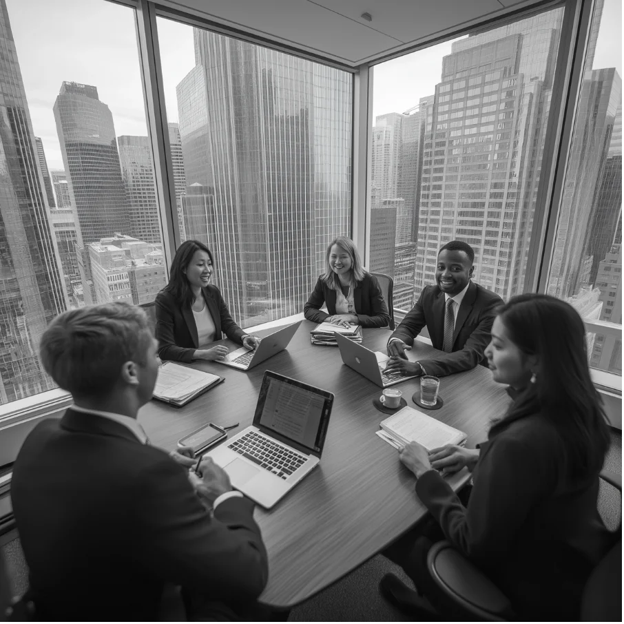 Five diverse business professionals in suits having a meeting around a table by large office windows with a city skyline view.