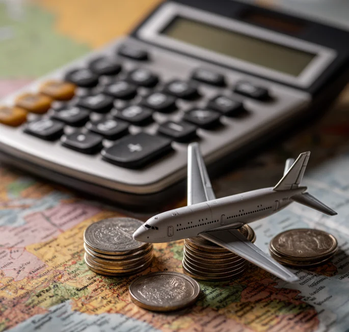 Model airplane resting on stacks of coins on a world map with a calculator in the background.