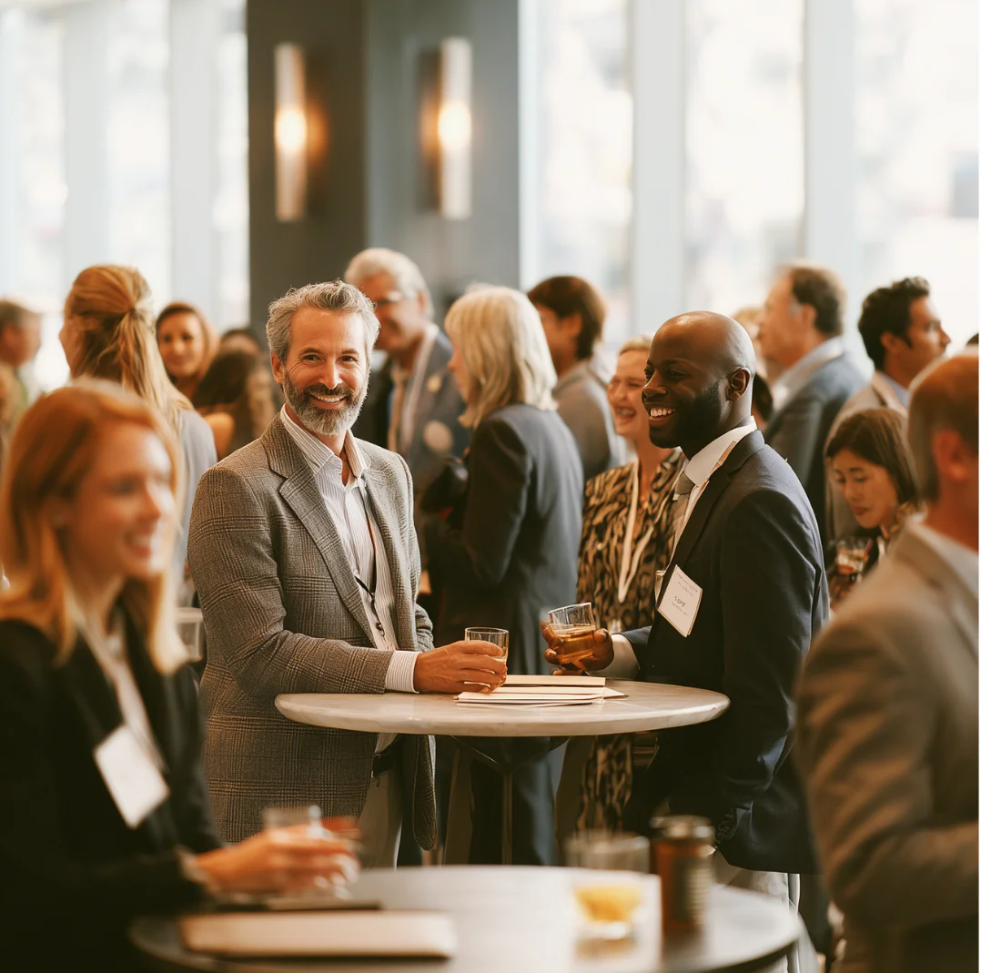 Two men in business attire smiling and holding drinks while standing at a round table during a networking event.