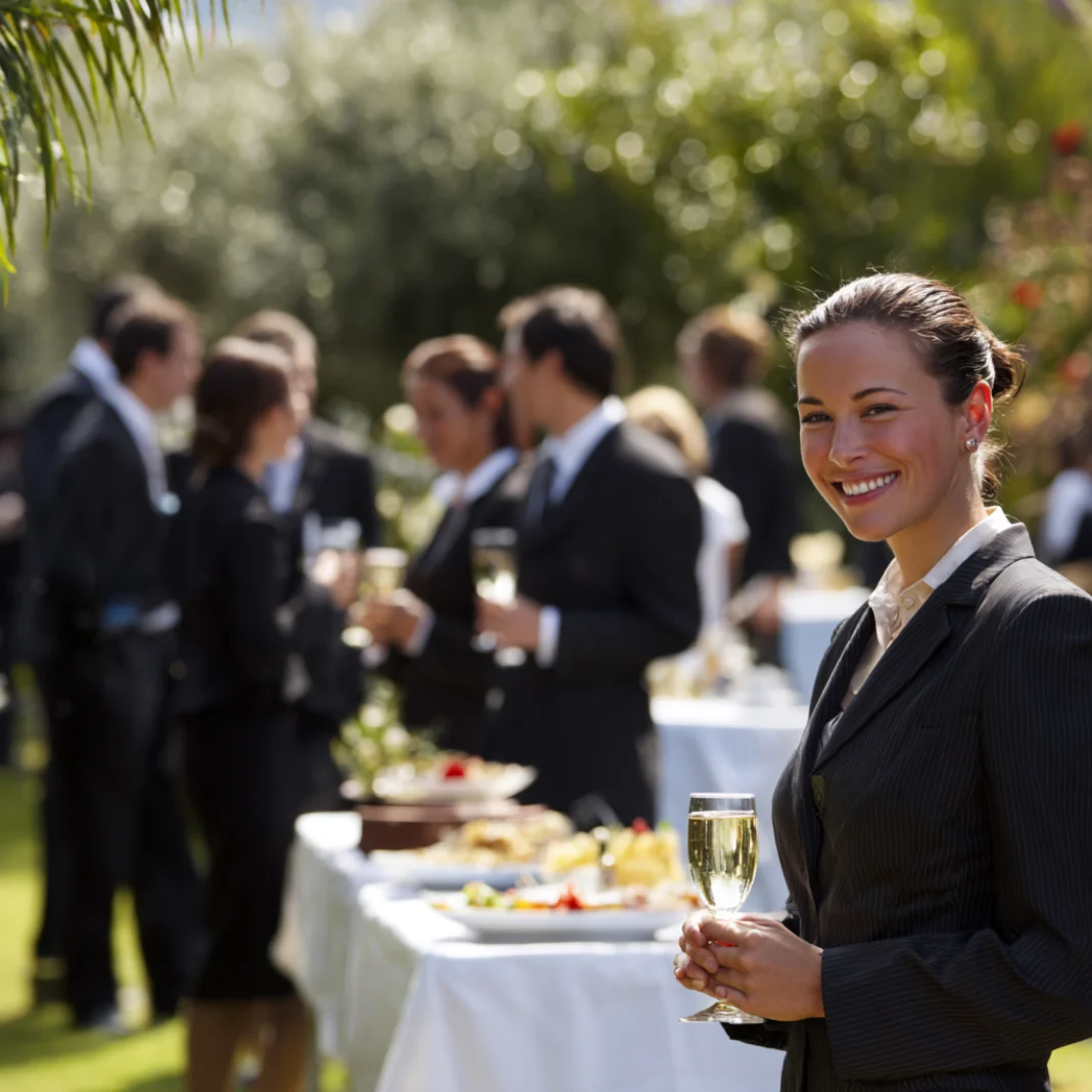 Smiling woman in business attire holding a glass of white wine at an outdoor networking event with other people mingling in the background.