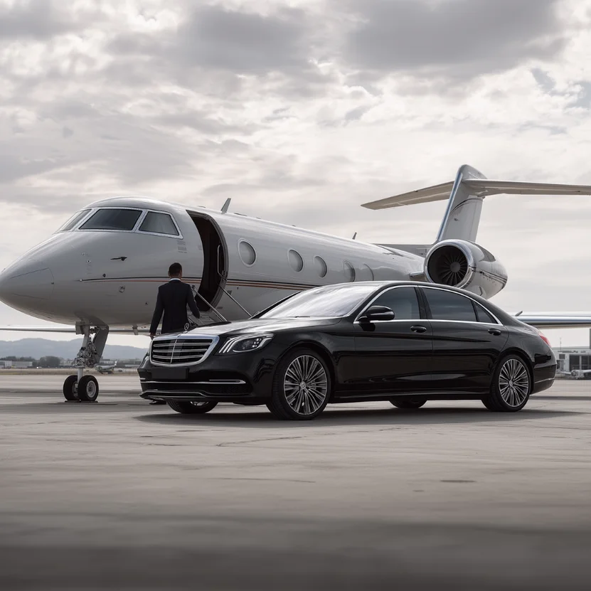 Black luxury sedan parked in front of a white private jet on a cloudy day with a man in a suit opening the jet door.