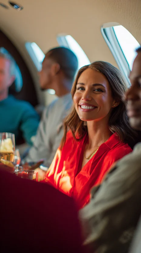 Smiling woman in red shirt sitting inside a private jet with other passengers.