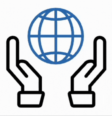 Two black outlined hands surrounding a blue globe with latitude and longitude lines.
