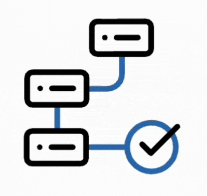 Diagram of three connected rectangular blocks leading to a blue circle with a black check mark inside.