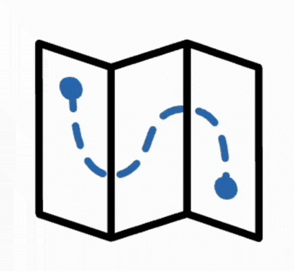 Folded map icon with a dotted blue route connecting two points.