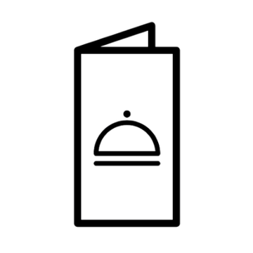 Black outline of a folded menu with a food cloche icon on the front.