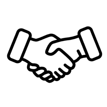 Black and white line drawing of two hands shaking in a handshake.