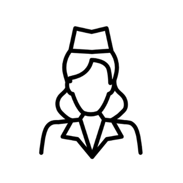 Minimalistic black outline illustration of a stewardess wearing a hat and neck scarf.