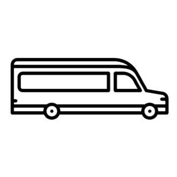 Simple black outline illustration of a van facing right with two wheels and a large side window.