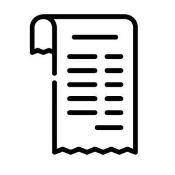 Black and white icon of a receipt with lines representing text and numbers.