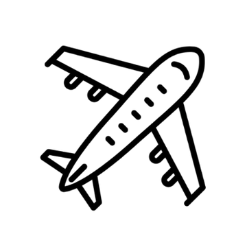 Black hand-drawn sketch of a commercial airplane viewed from above and slightly to the side.