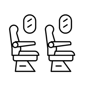 Black and white line drawing of two airplane seats with windows behind them.