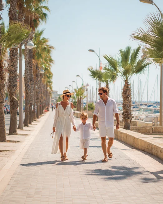 Family of three walking hand in hand along a sunny palm-lined marina promenade.