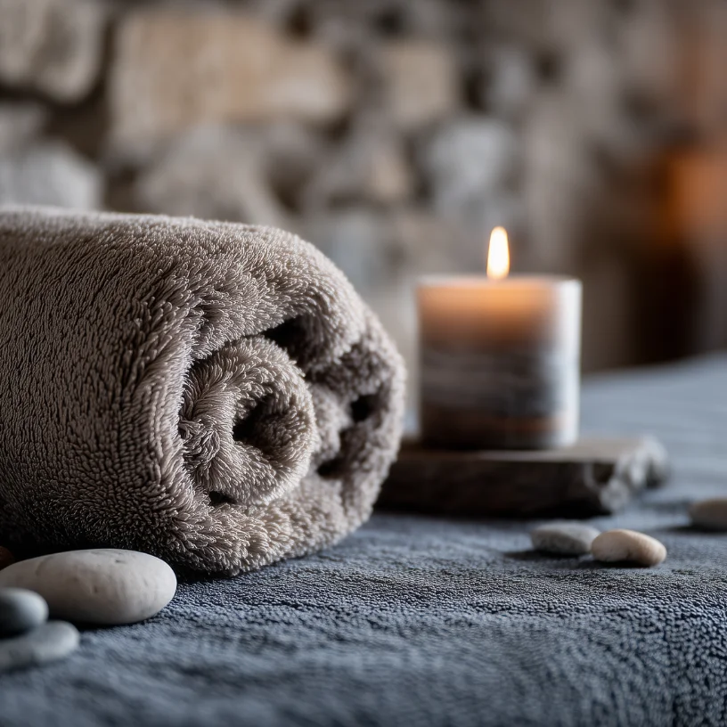 Rolled beige towel on folded dark blue towel with smooth white stones and a lit candle in the background on a wooden surface.