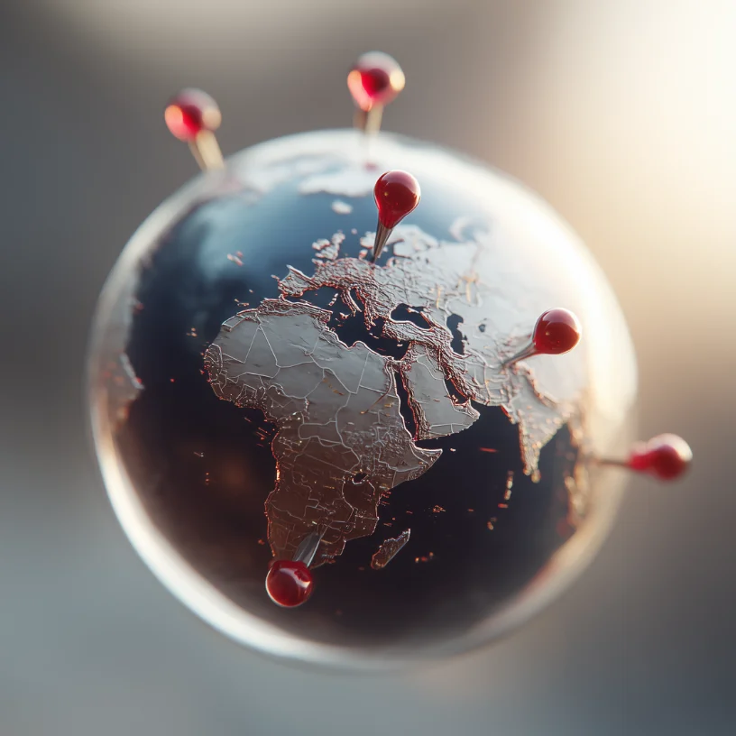 Close-up of a globe showing Africa, Europe, and Asia with red location pins marking various points.