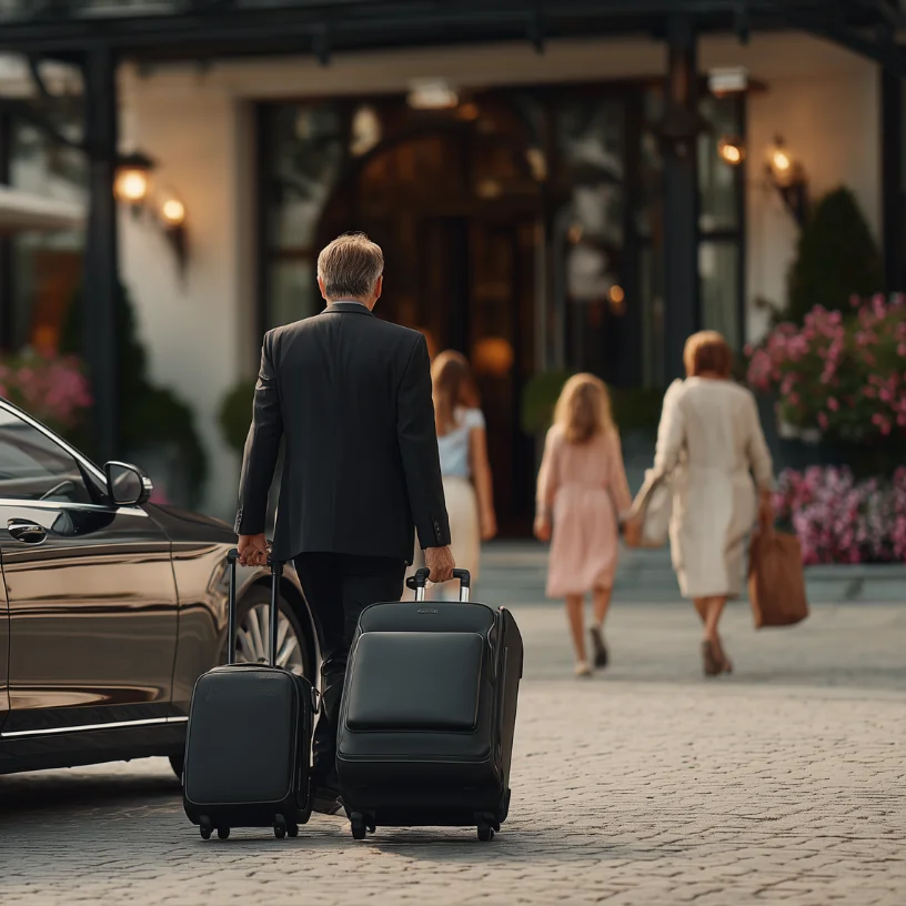 Man in a suit walking toward a hotel entrance pulling two black suitcases, with a woman and two children walking ahead.