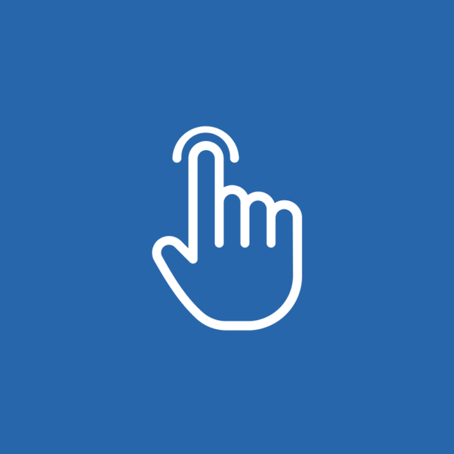White hand icon with index finger pressing a button on a blue background.