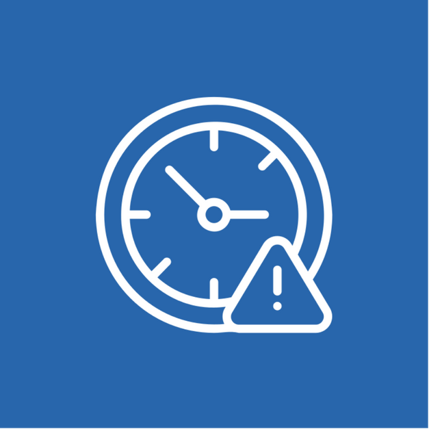 White clock with an exclamation mark inside a triangular warning sign on bottom right, on blue background.