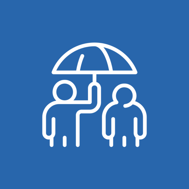 White line icon of two people under an umbrella on a blue background.