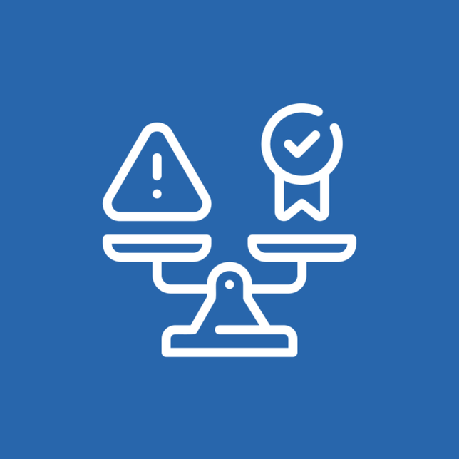 White line icon of a balanced scale with a warning triangle on the left and a checkmark ribbon on the right on a blue background.