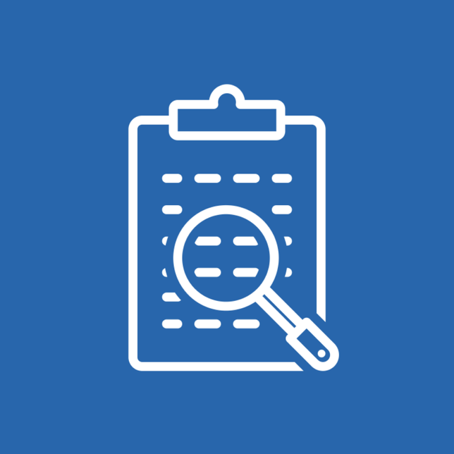 White clipboard with lines of text and a magnifying glass over it on a blue background.