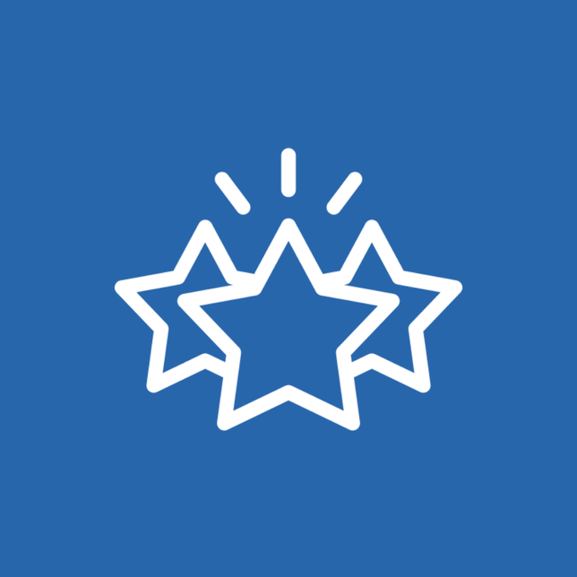 Three white outlined stars with one central star emitting three small lines above it on a blue background.