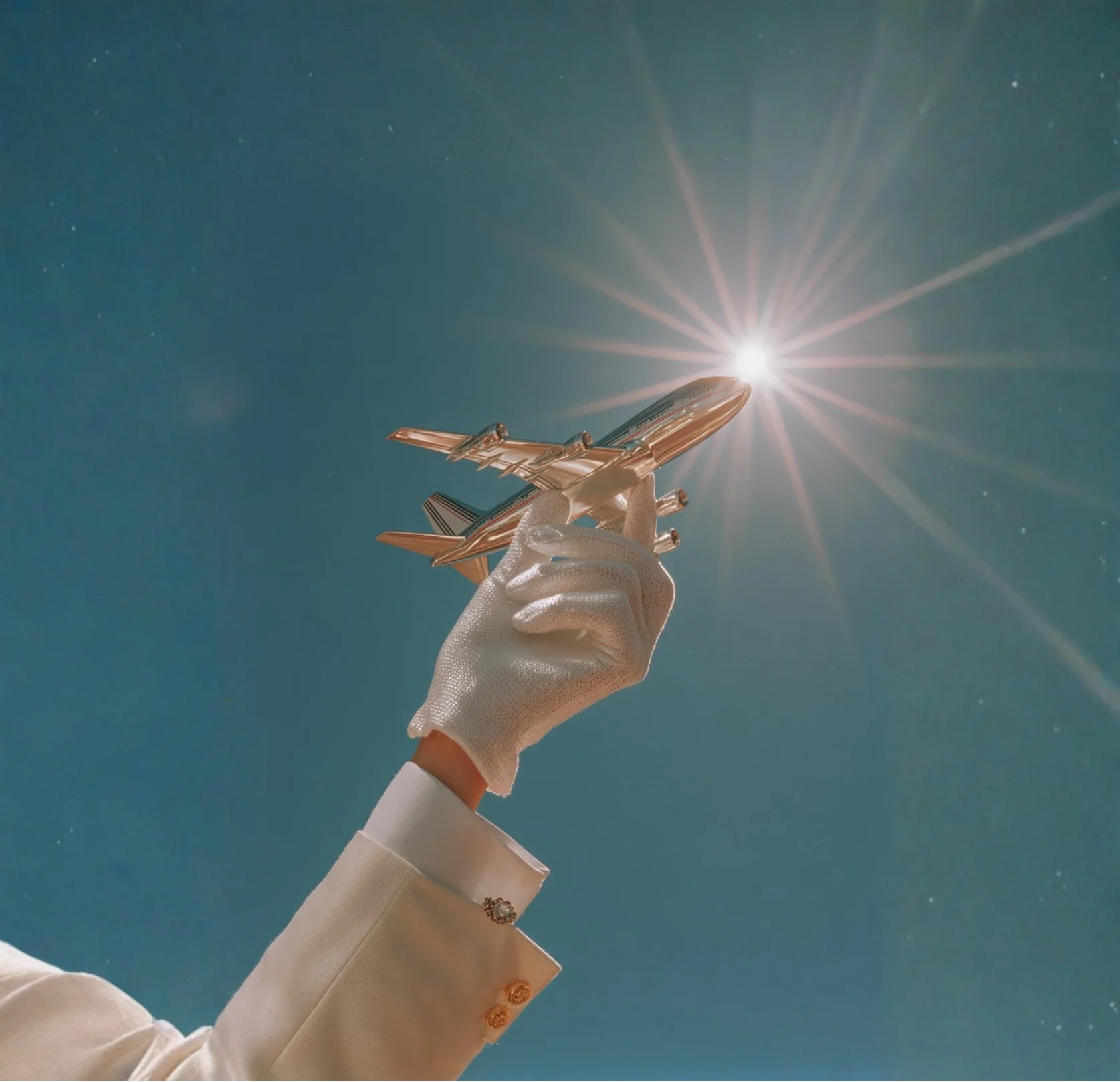 Hand wearing a white glove and beige jacket holding a shiny toy airplane pointing towards a bright sun in a clear blue sky.