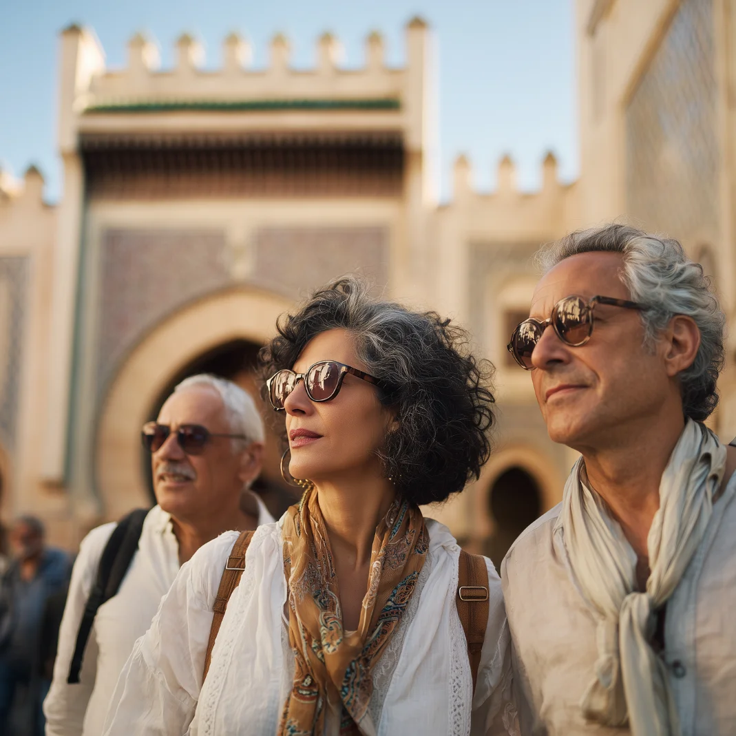 Three mature tourists wearing sunglasses and scarves standing near ornate architecture with arches.