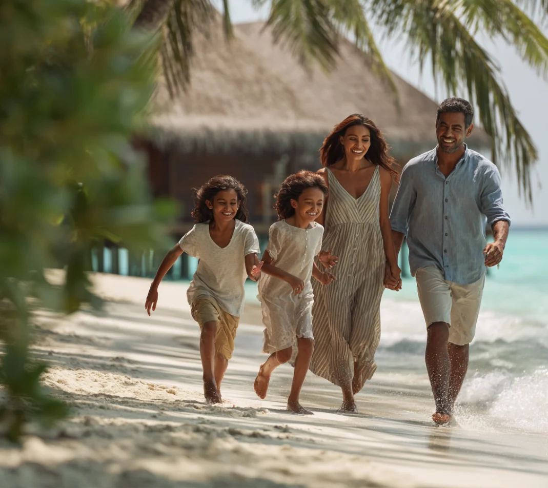 Smiling family of four walking barefoot on a sandy beach near palm trees and a thatched roof hut.